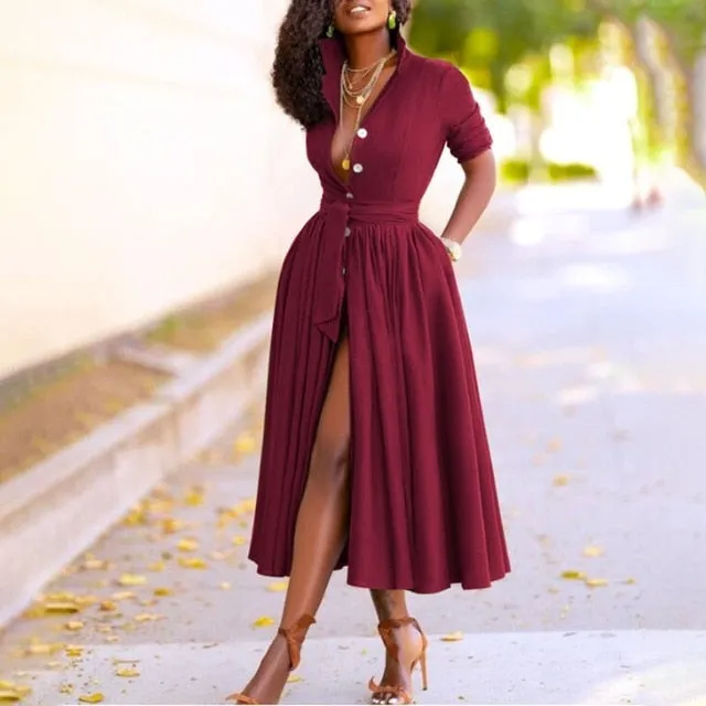Celmia Elegant Women Midi Dress 2021 Autumn Long Sleeve Vintage Buttons Shirt Dress Plus Size Casual Loose Belted Party Vestidos
