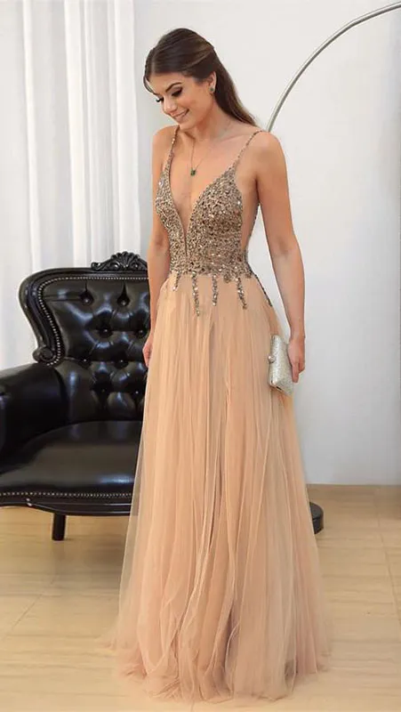 Champagne v neck sequin tulle long prom dress, evening dress