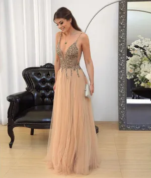 Champagne v neck sequin tulle long prom dress, evening dress