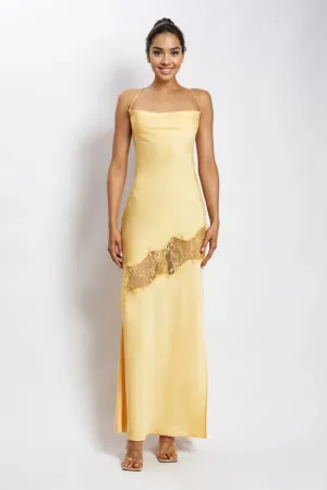 Chandra Lace Detail Satin Maxi Dress - Lemon