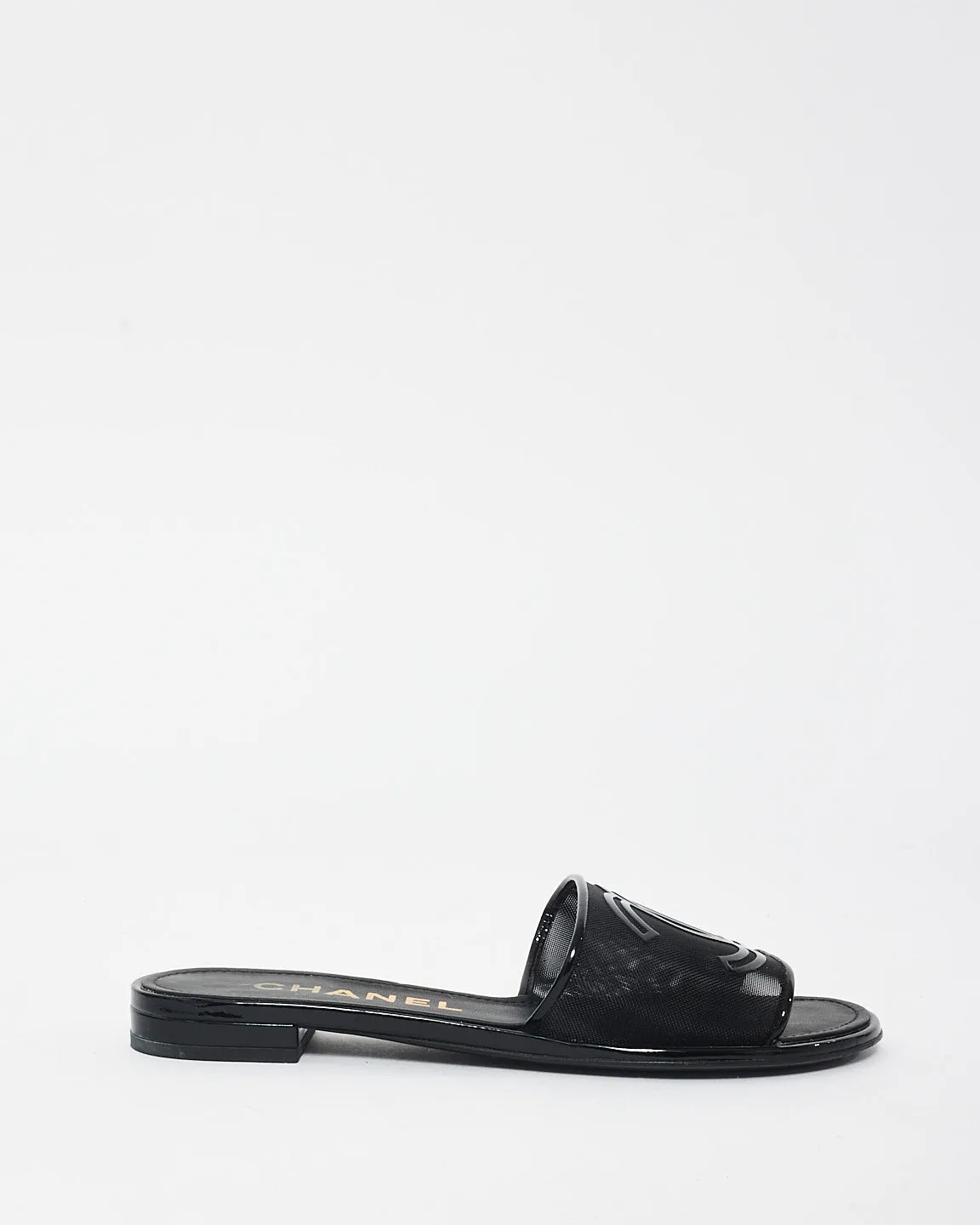 Chanel Black Mesh & Patent Leather Logo Slides - 36C