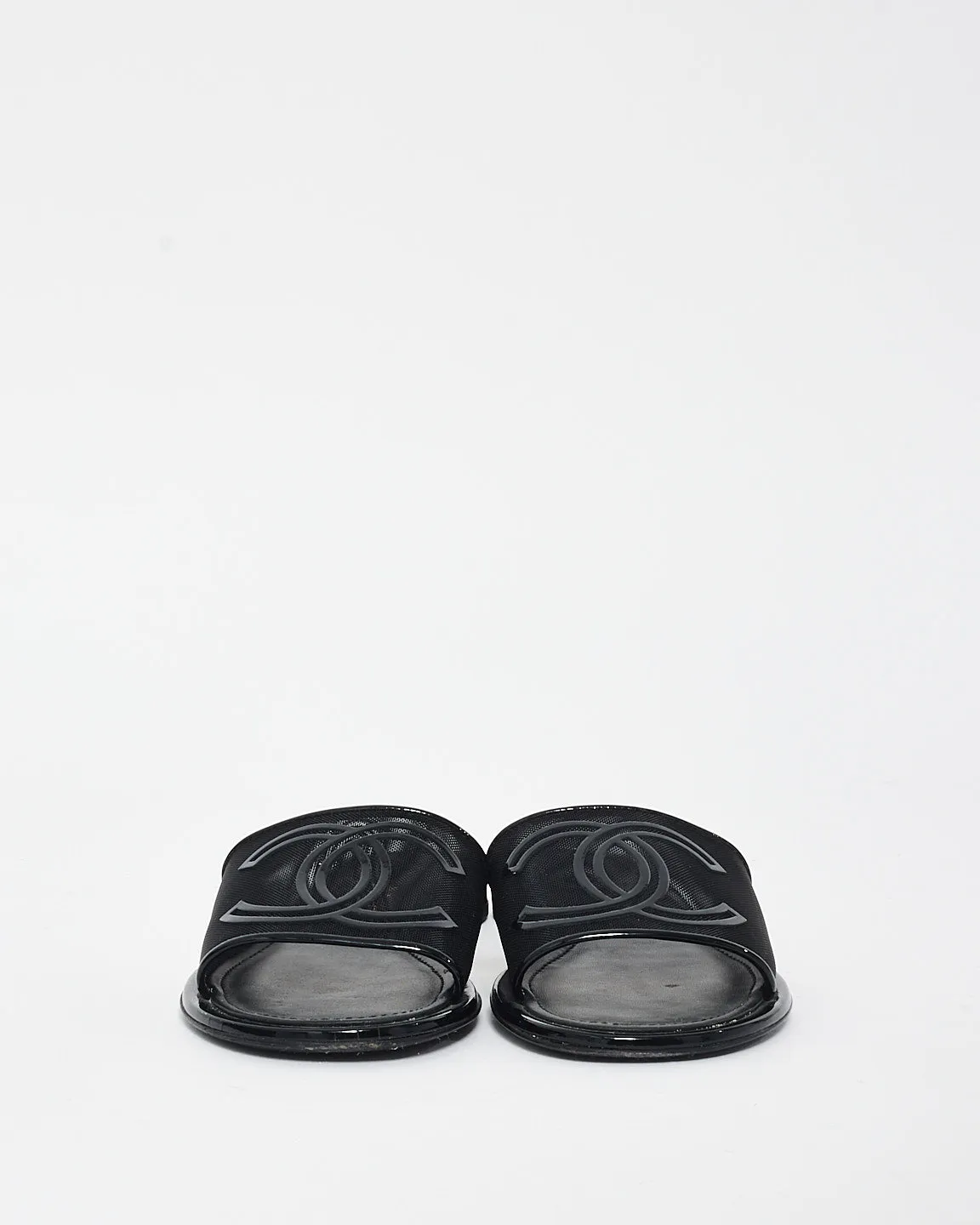 Chanel Black Mesh & Patent Leather Logo Slides - 36C
