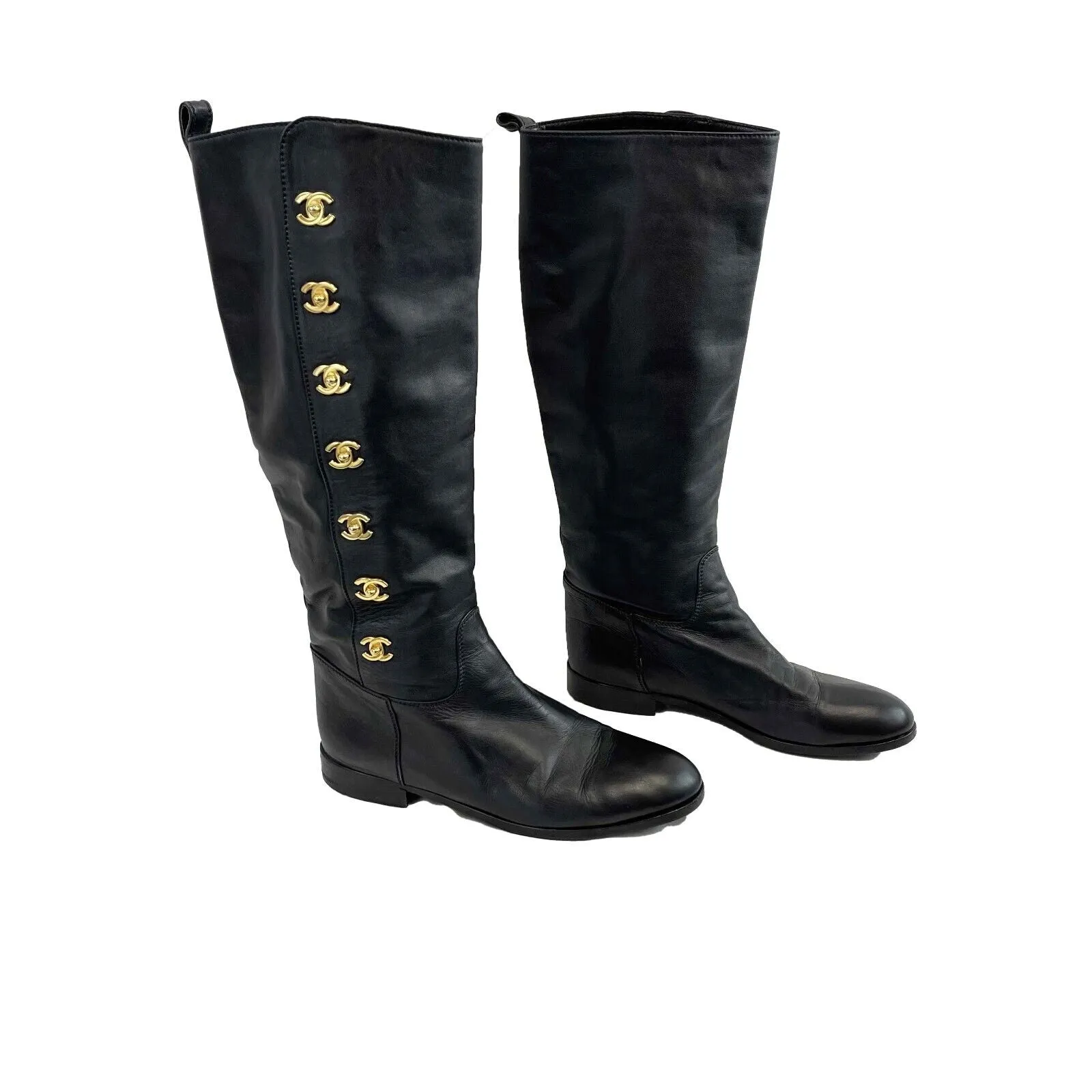 CHANEL - Black Turn Lock CC Leather Boots - 38 US 8
