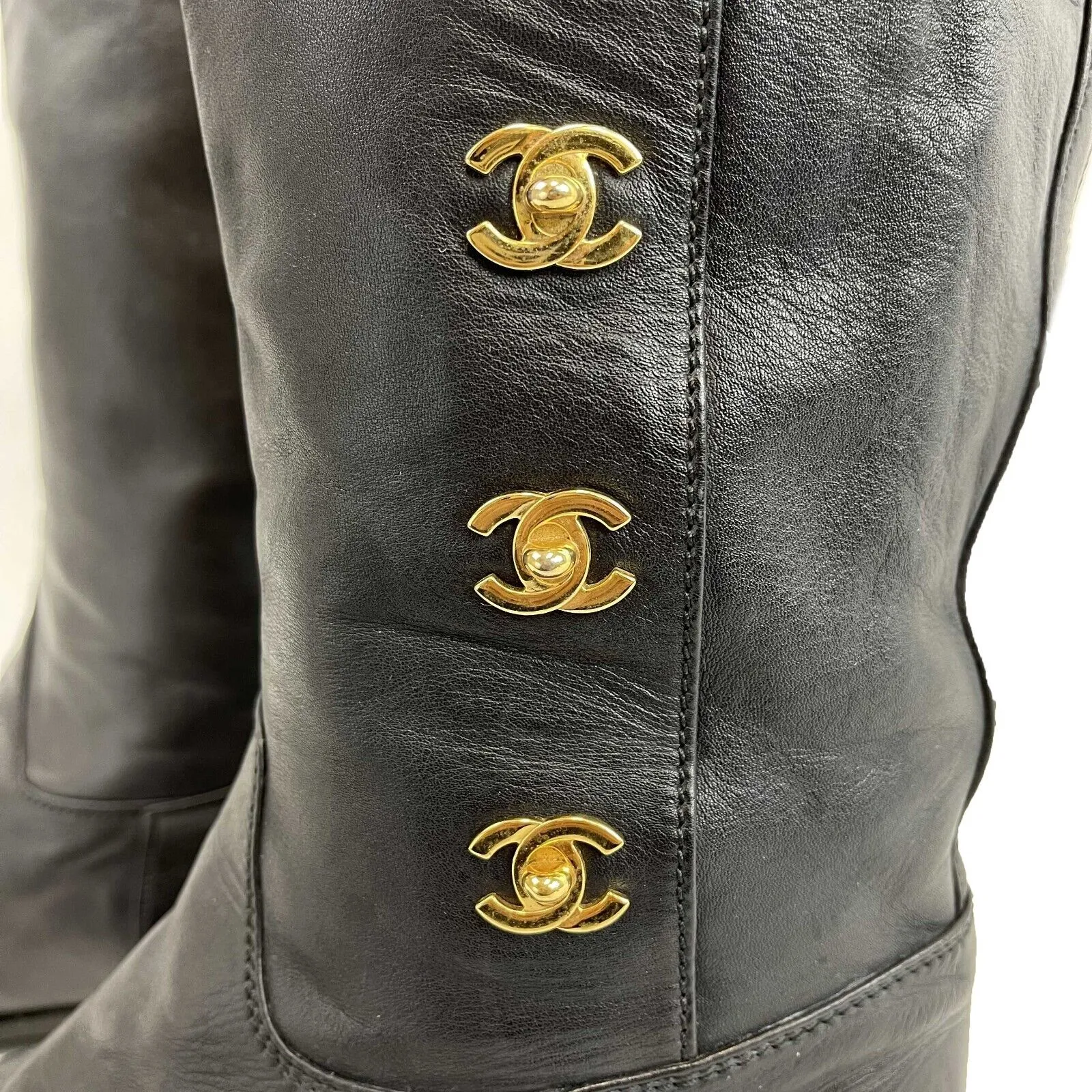 CHANEL - Black Turn Lock CC Leather Boots - 38 US 8