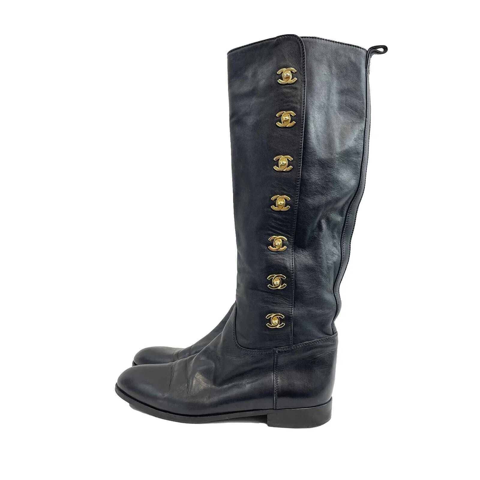CHANEL - Black Turn Lock CC Leather Boots - 38 US 8