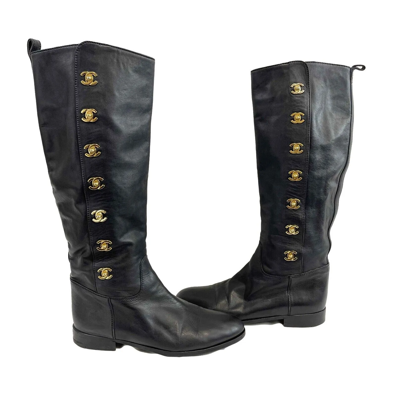 CHANEL - Black Turn Lock CC Leather Boots - 38 US 8