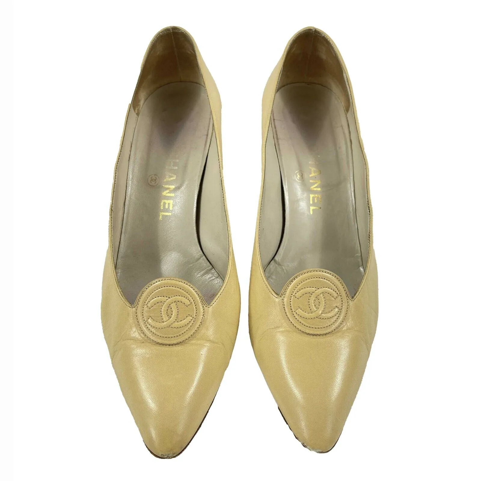 CHANEL - Leather CC Pointed Toe Pumps - Beige - 39 US 9