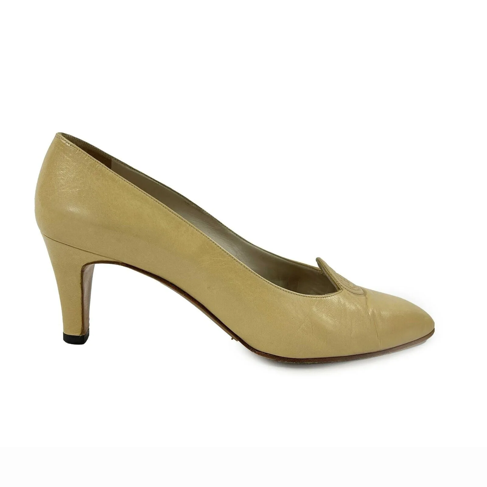 CHANEL - Leather CC Pointed Toe Pumps - Beige - 39 US 9