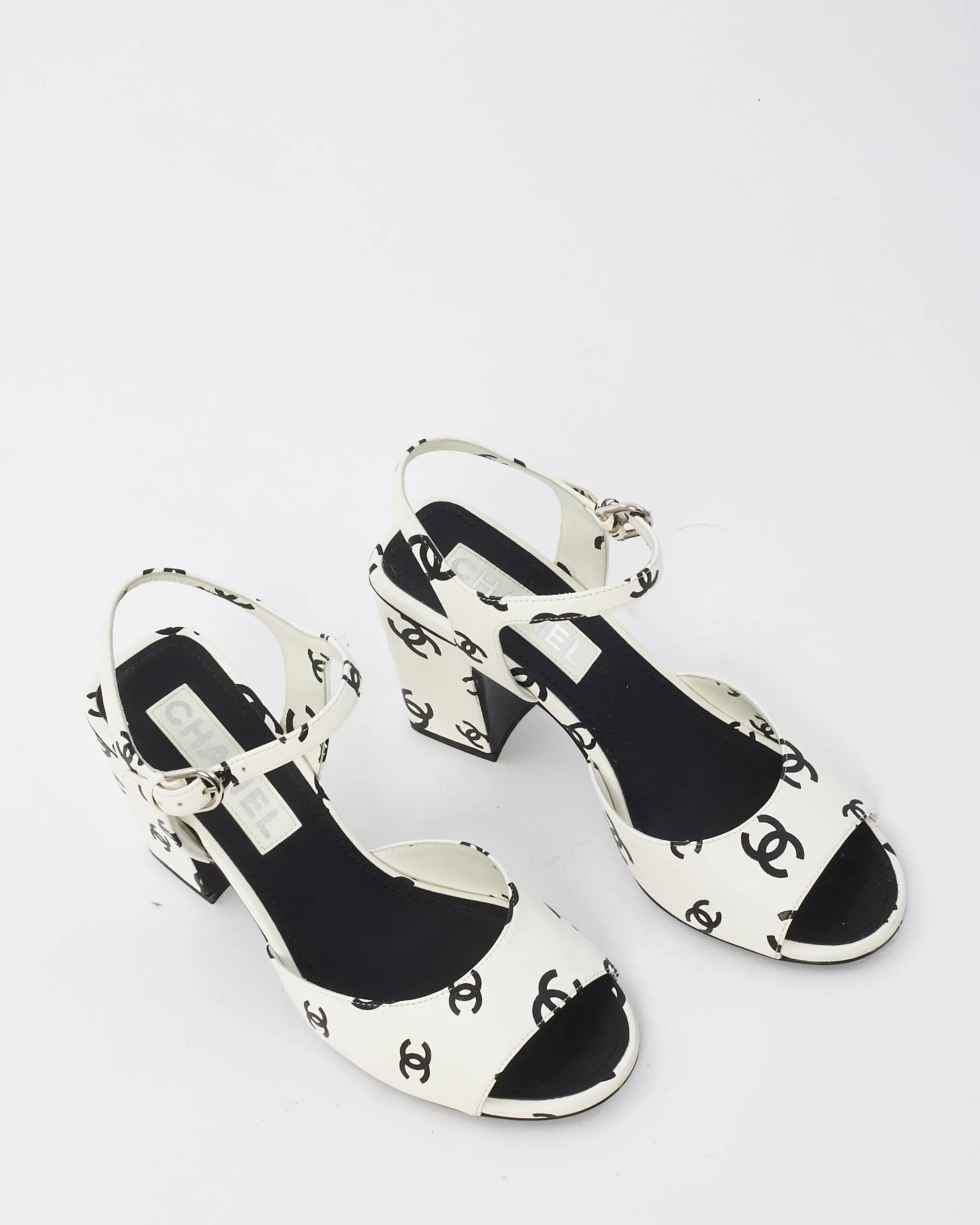 Chanel White & Black Leather CC Logo Block Heel - 37.5