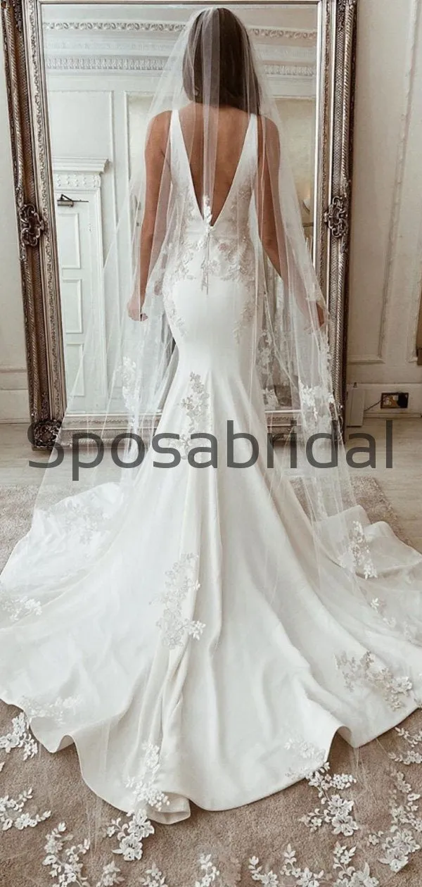 Charming Mermaid V-Neck Satin Simple Unique Lace Wedding Dresses WD0440