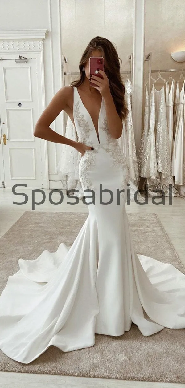 Charming Mermaid V-Neck Satin Simple Unique Lace Wedding Dresses WD0440