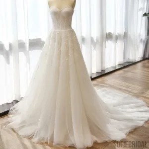 Charming Sweetheart Long A-line Appliques Ivory Tulle Wedding Dresses, WD0153