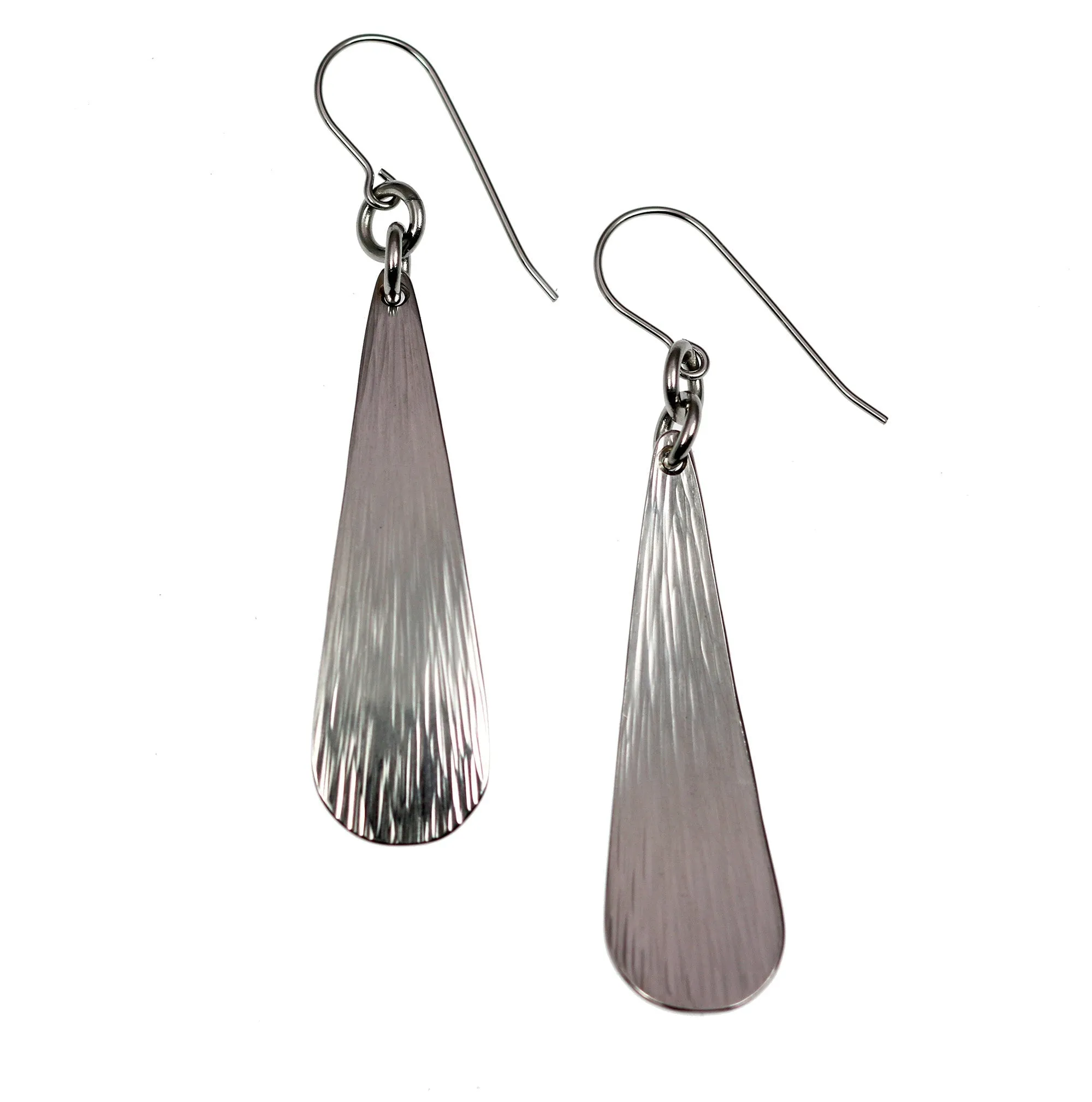 Chased Stainless Steel Long Teardrop Earrings
