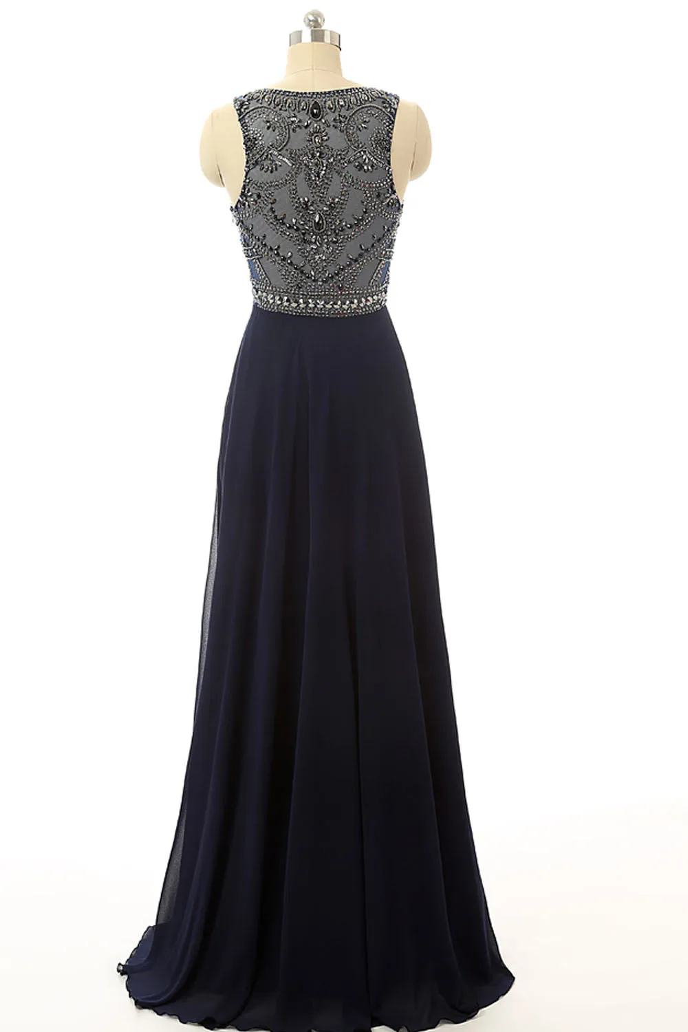 Cheap Prom Dresses Navy Blue Beaded Long Graduation Dresses ED0849