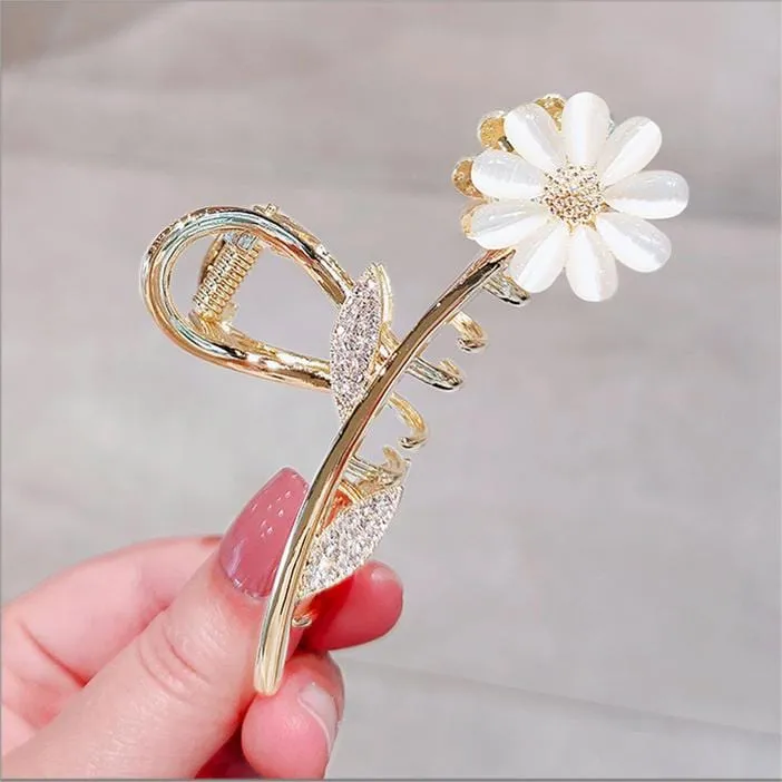 Chic CZ Inlaid Opal Daisy Flower Chignon Claw Clip Hair Clip