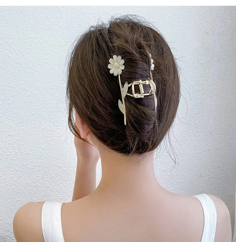 Chic CZ Inlaid Opal Daisy Flower Chignon Claw Clip Hair Clip