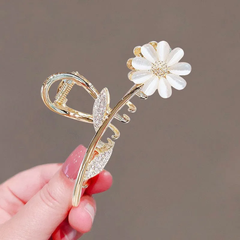 Chic CZ Inlaid Opal Daisy Flower Chignon Claw Clip Hair Clip