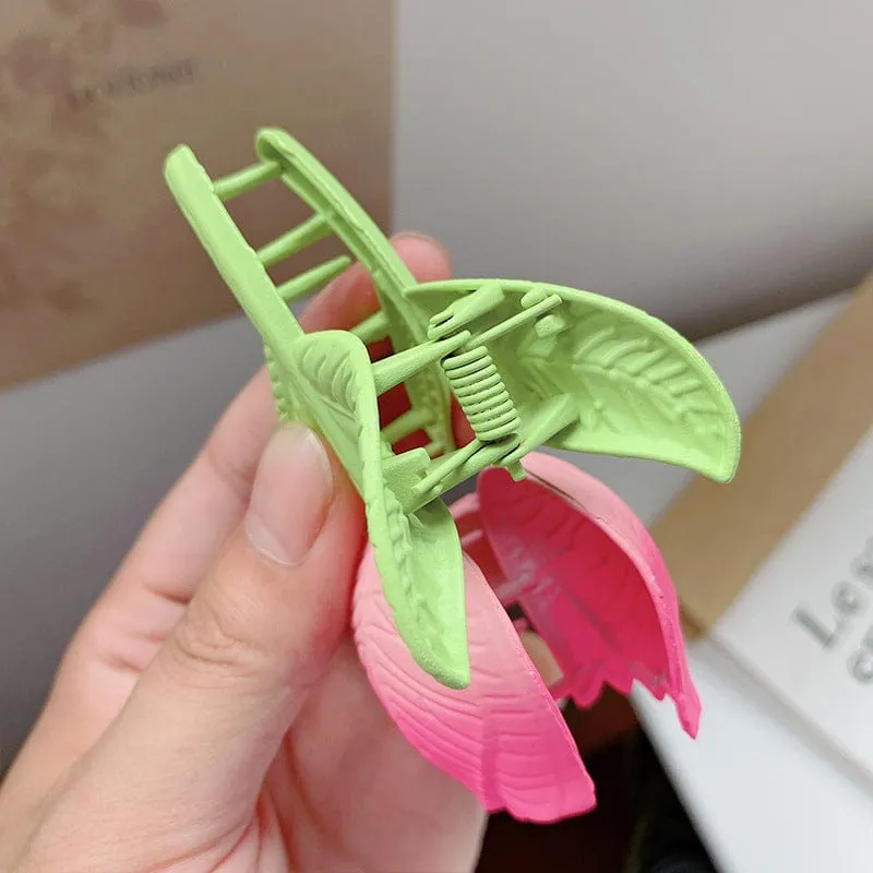 Chic Handmade Enamel Pink Tulip Chignon Claw Clip Hair Clip