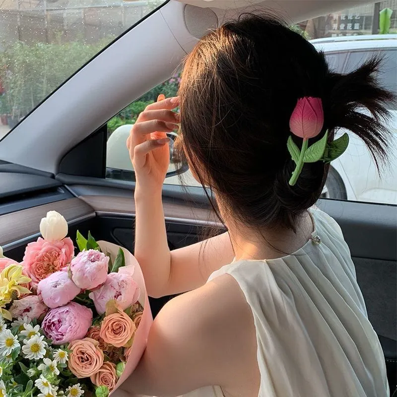 Chic Handmade Enamel Pink Tulip Chignon Claw Clip Hair Clip