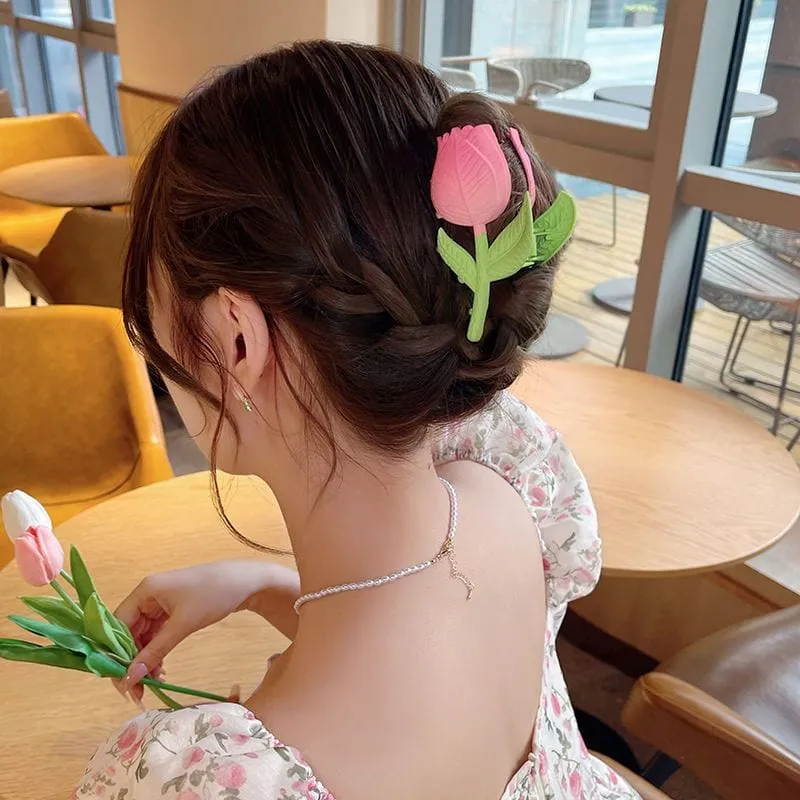 Chic Handmade Enamel Pink Tulip Chignon Claw Clip Hair Clip