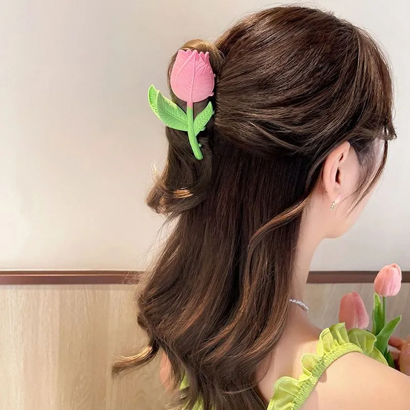 Chic Handmade Enamel Pink Tulip Chignon Claw Clip Hair Clip