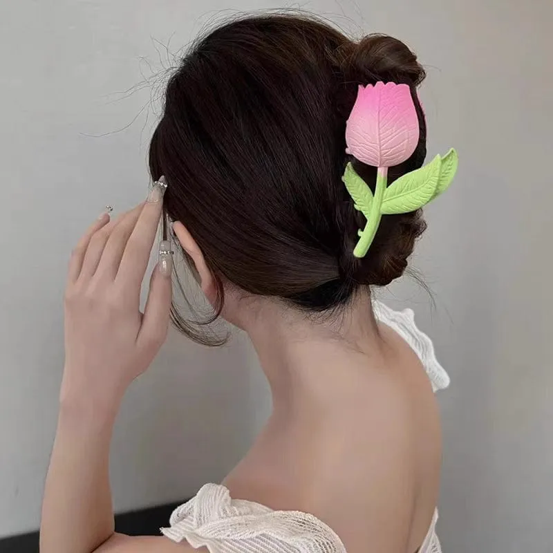 Chic Handmade Enamel Pink Tulip Chignon Claw Clip Hair Clip