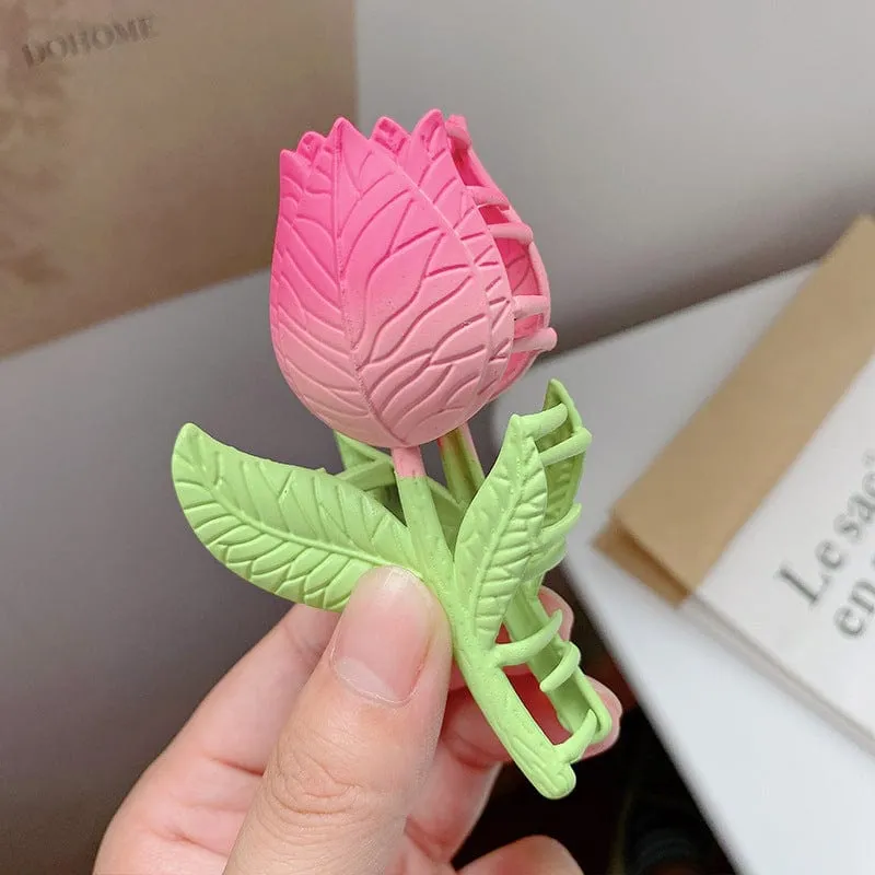 Chic Handmade Enamel Pink Tulip Chignon Claw Clip Hair Clip
