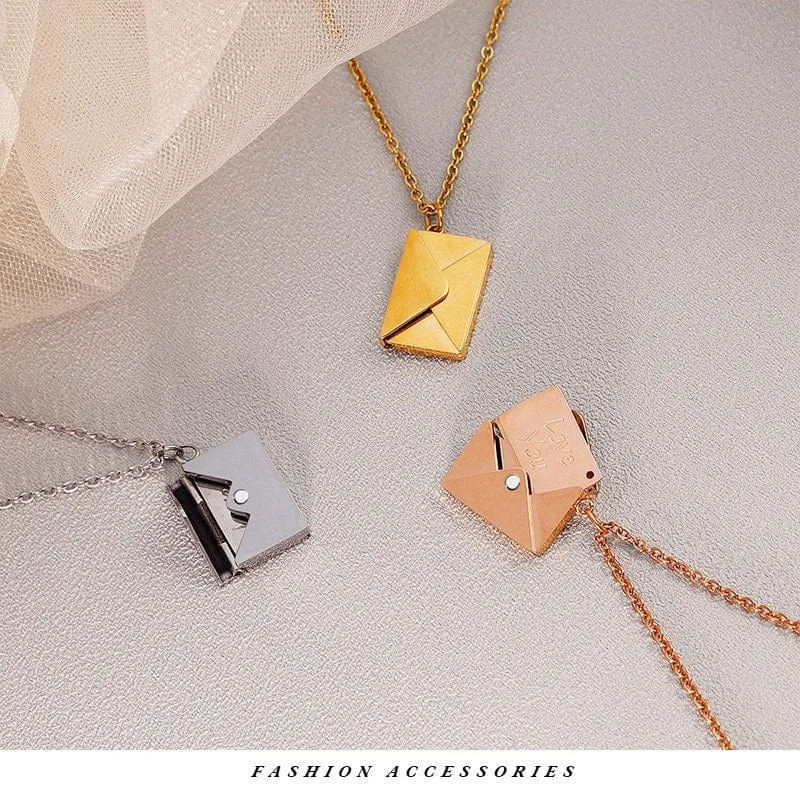 Chic Titanium Steel Envelope Locket Pendant With LOVE YOU Letter Chain Necklace