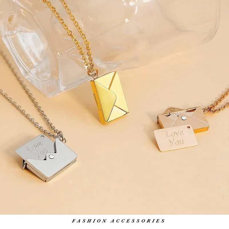 Chic Titanium Steel Envelope Locket Pendant With LOVE YOU Letter Chain Necklace