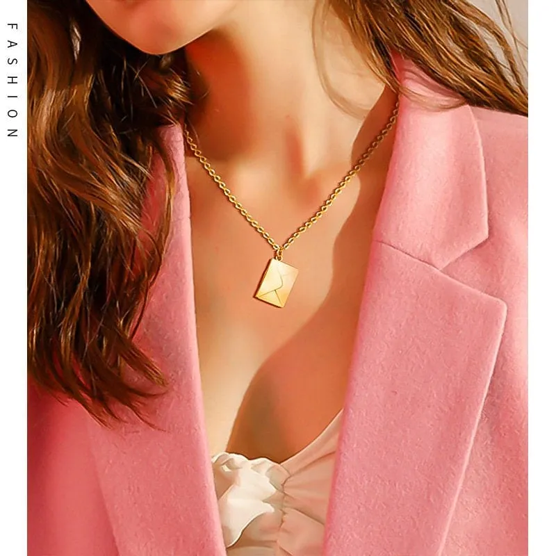 Chic Titanium Steel Envelope Locket Pendant With LOVE YOU Letter Chain Necklace