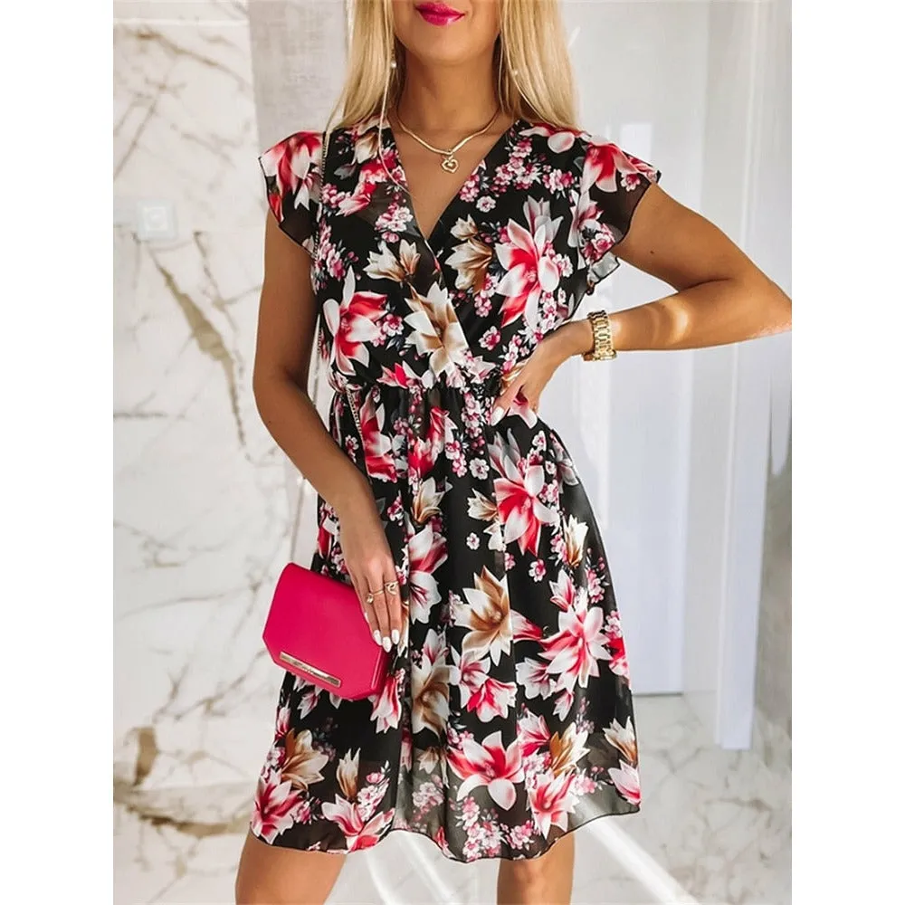Chiffon Long Sleeve Floral Print Dress Women 2021 Autumn Casual Deep V Neck Green Pleated Office Dresses For Women Robe Femme