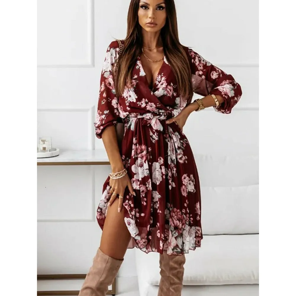 Chiffon Long Sleeve Floral Print Dress Women 2021 Autumn Casual Deep V Neck Green Pleated Office Dresses For Women Robe Femme