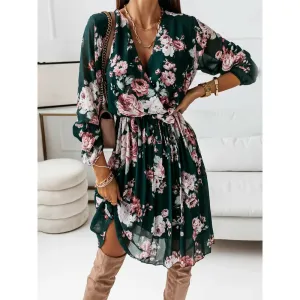 Chiffon Long Sleeve Floral Print Dress Women 2021 Autumn Casual Deep V Neck Green Pleated Office Dresses For Women Robe Femme
