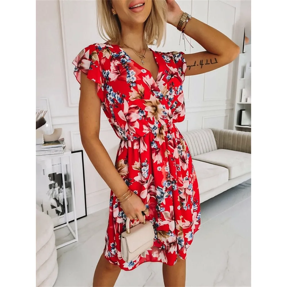 Chiffon Long Sleeve Floral Print Dress Women 2021 Autumn Casual Deep V Neck Green Pleated Office Dresses For Women Robe Femme