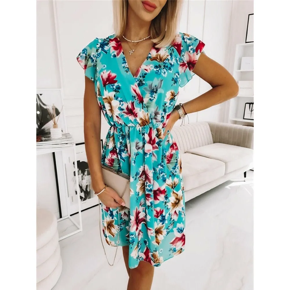 Chiffon Long Sleeve Floral Print Dress Women 2021 Autumn Casual Deep V Neck Green Pleated Office Dresses For Women Robe Femme