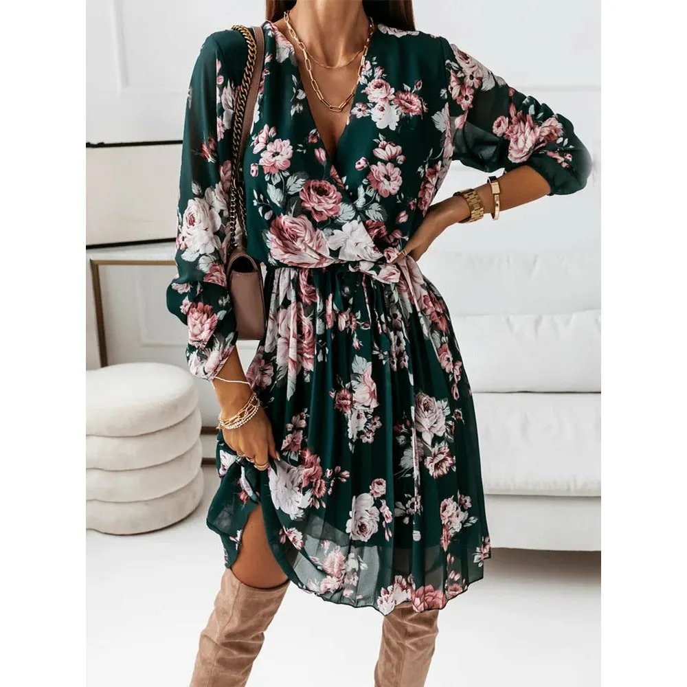 Chiffon Long Sleeve Floral Print Dress Women 2021 Autumn Casual Deep V Neck Green Pleated Office Dresses For Women Robe Femme