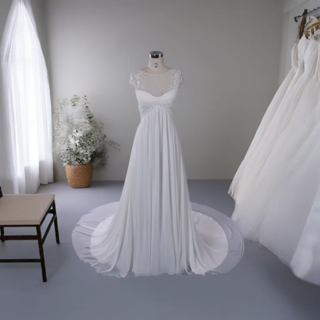Chiffon Wedding Dress with Illusion Neckline | QT85137