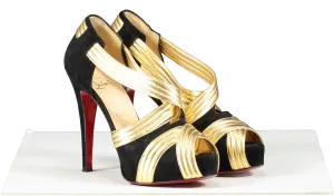 Christian Louboutin Black / Gold Suede And Leather Cross Front Platform Peep Toe Pumps UK 3.5 EU 36.5 👠