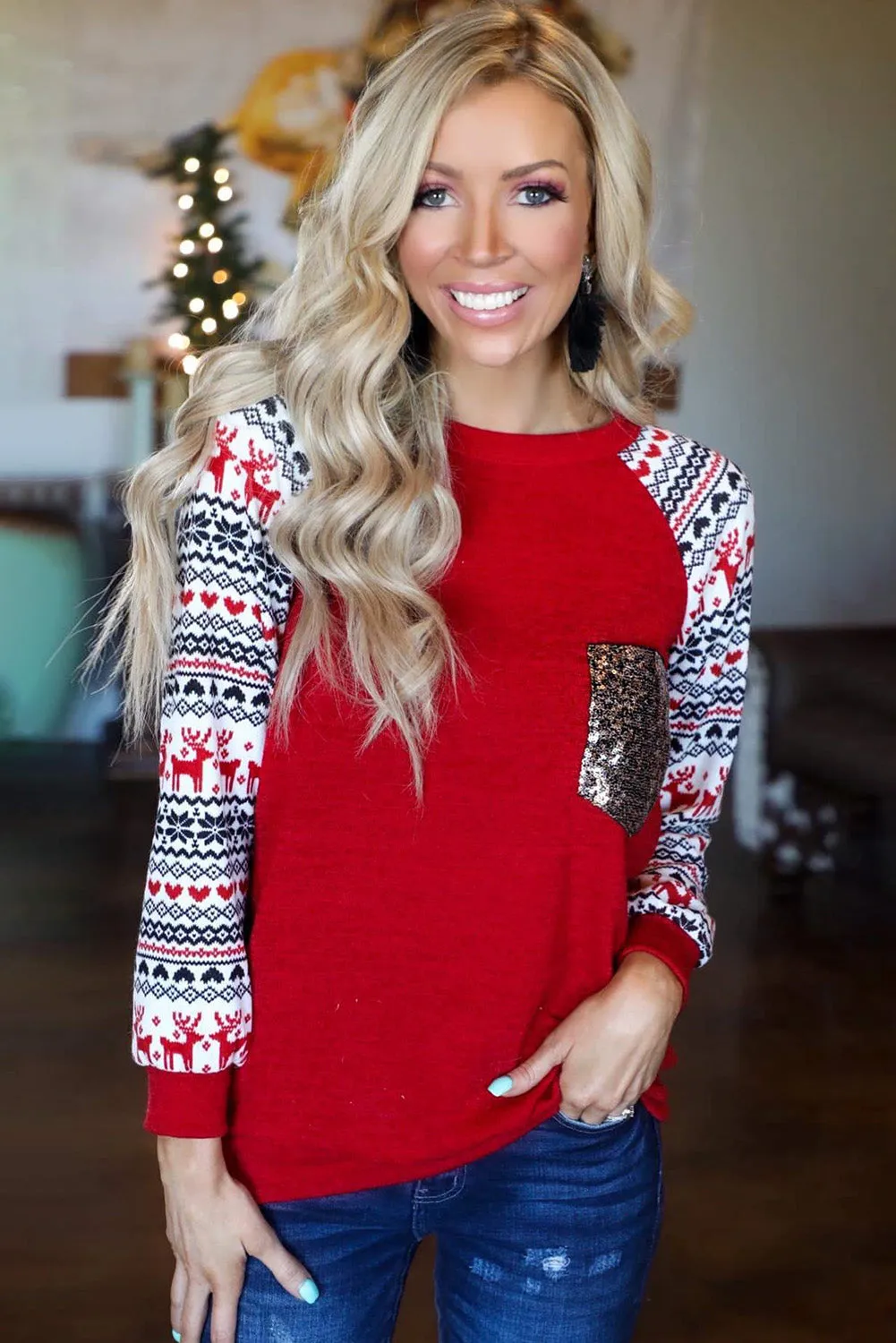 Christmas Print Sleeve Sequin Pocket RaglanTop