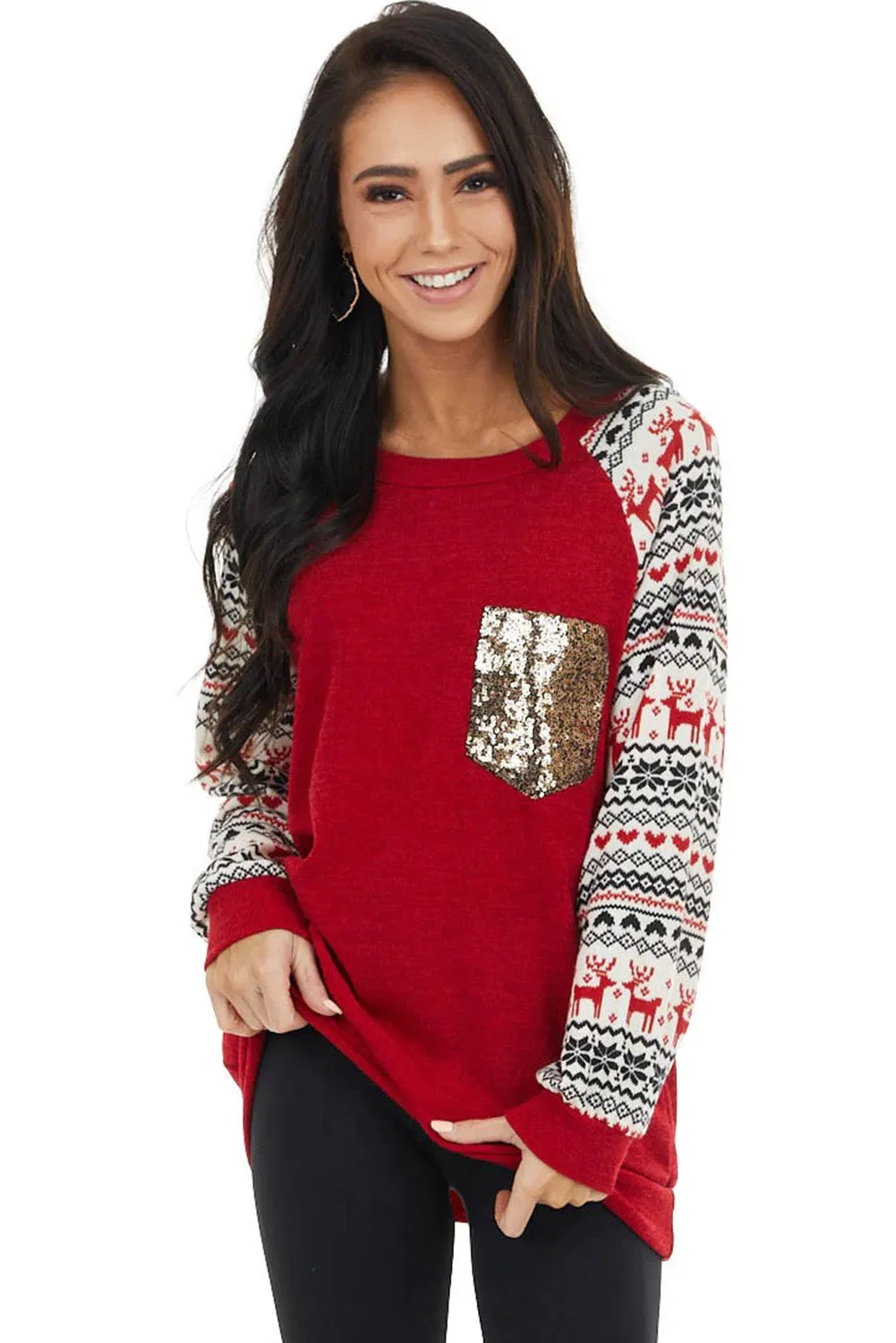 Christmas Print Sleeve Sequin Pocket RaglanTop