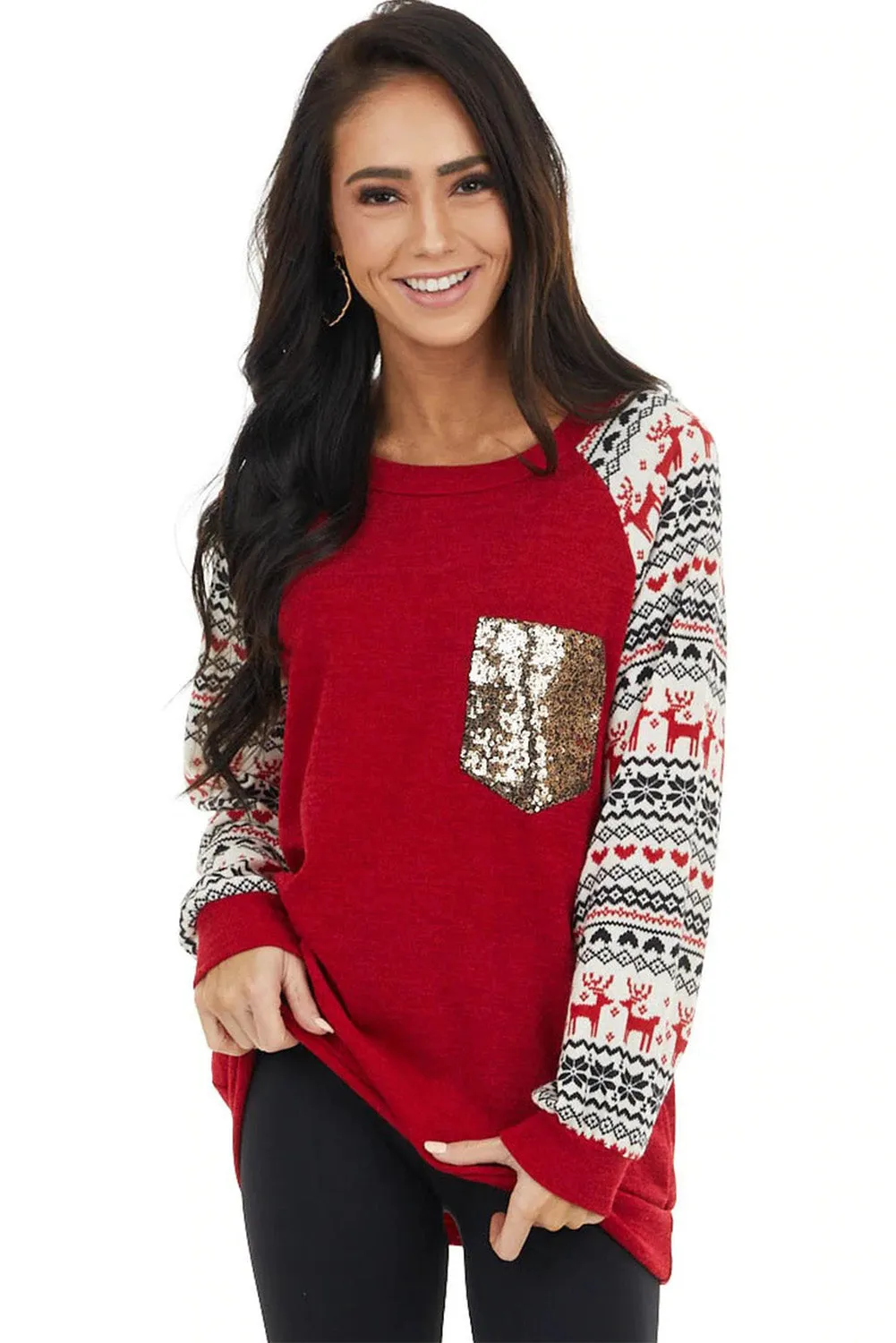 Christmas Print Sleeve Sequin Pocket RaglanTop