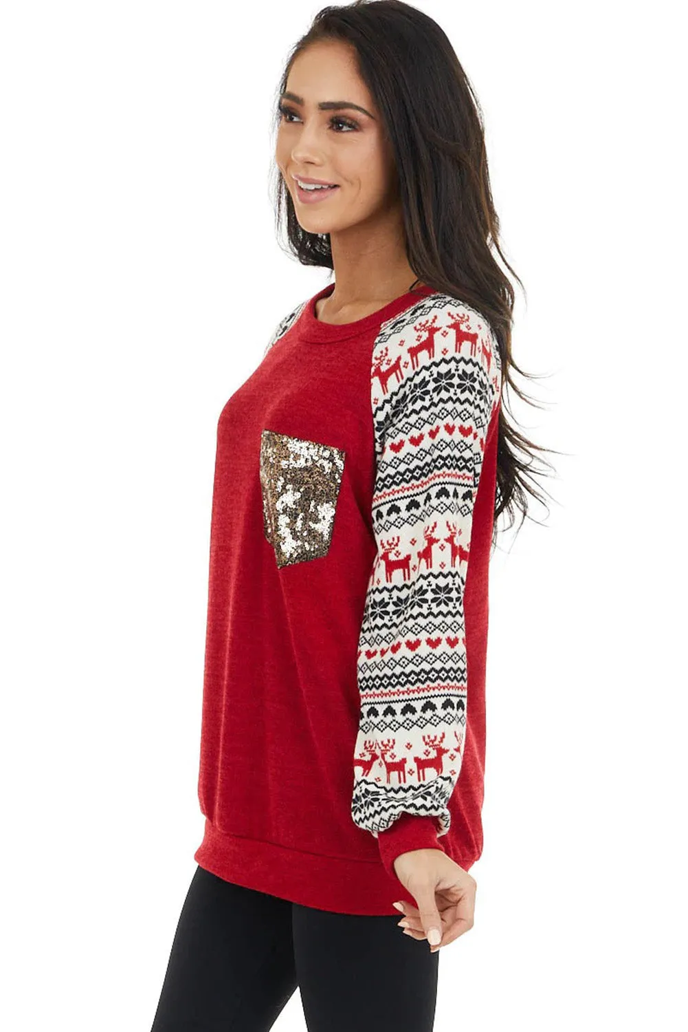 Christmas Print Sleeve Sequin Pocket RaglanTop