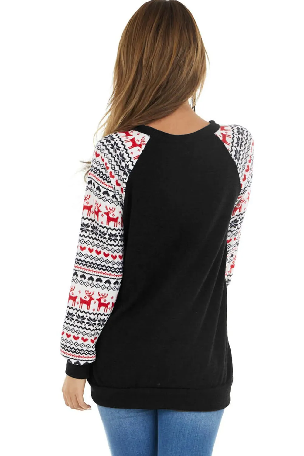 Christmas Print Sleeve Sequin Pocket RaglanTop
