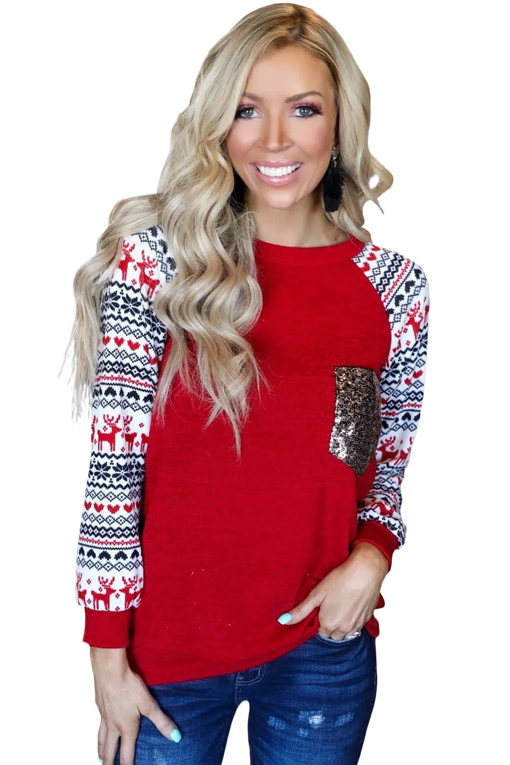 Christmas Print Sleeve Sequin Pocket RaglanTop