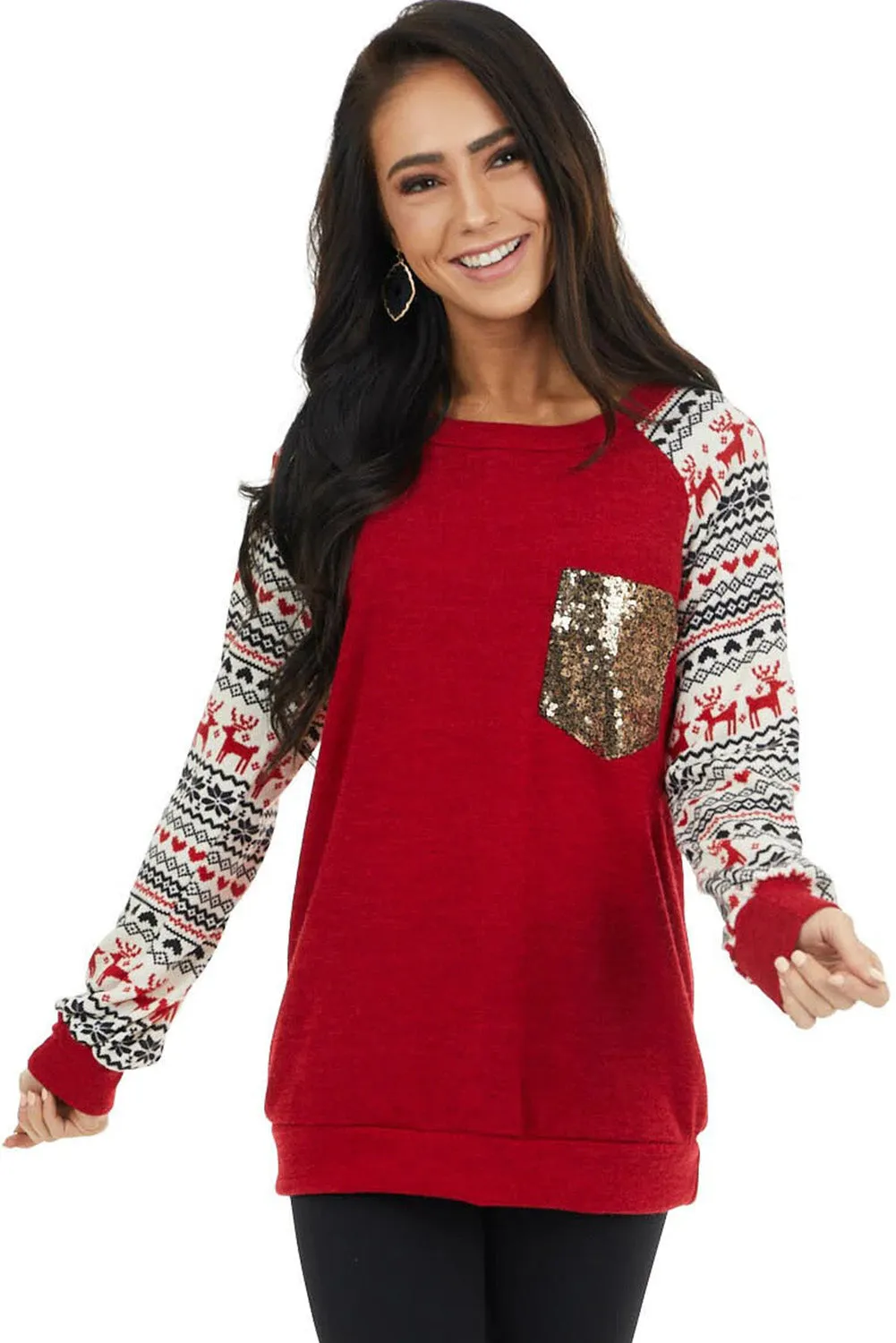 Christmas Print Sleeve Sequin Pocket RaglanTop