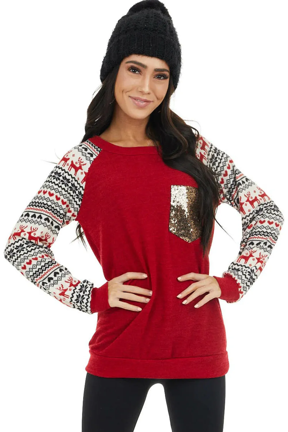 Christmas Print Sleeve Sequin Pocket RaglanTop