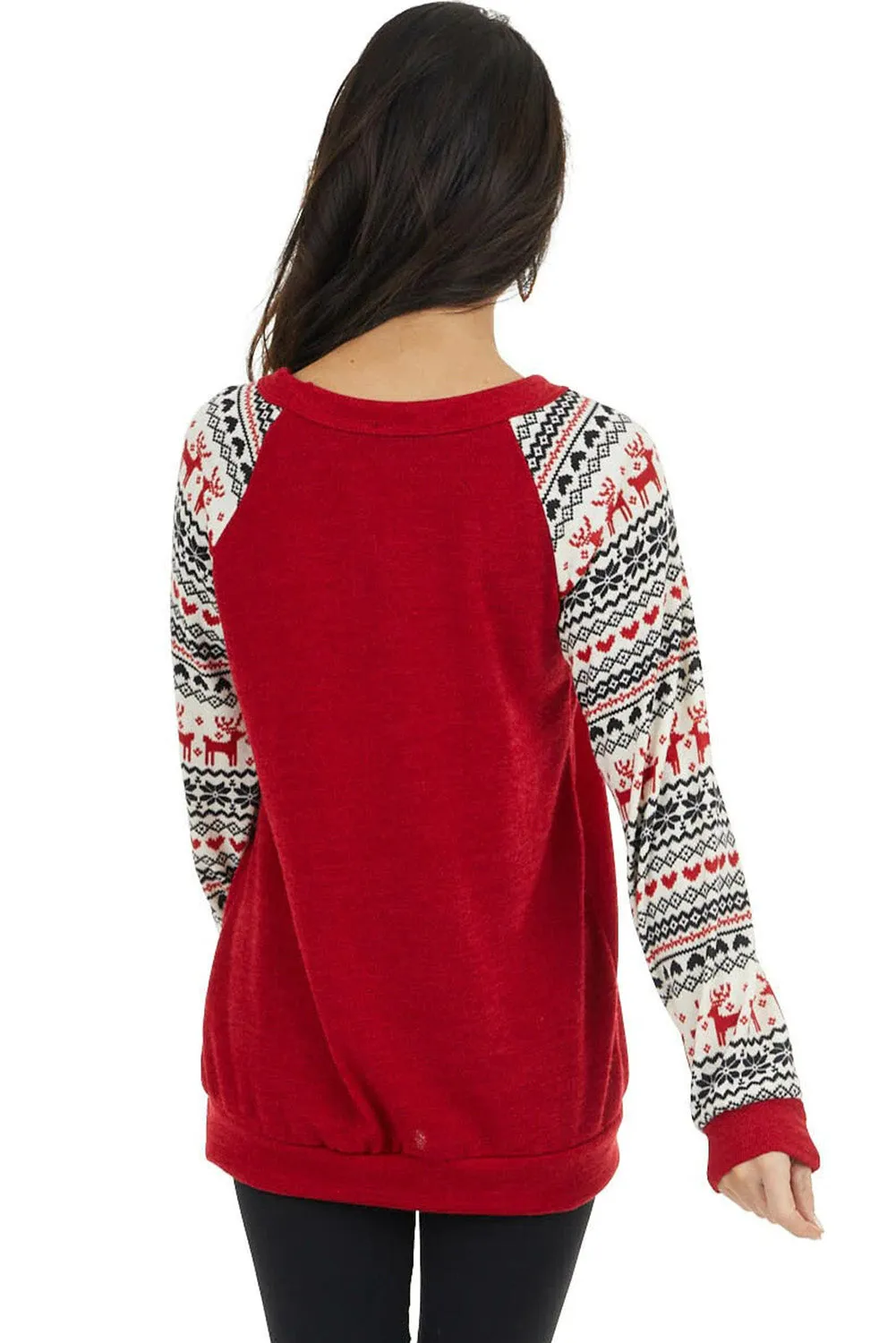 Christmas Print Sleeve Sequin Pocket RaglanTop