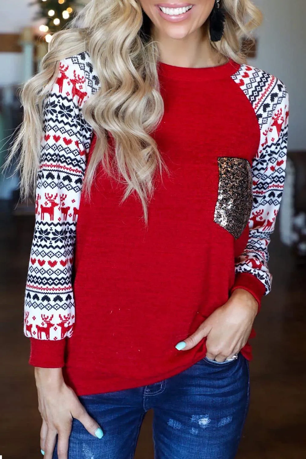 Christmas Print Sleeve Sequin Pocket RaglanTop