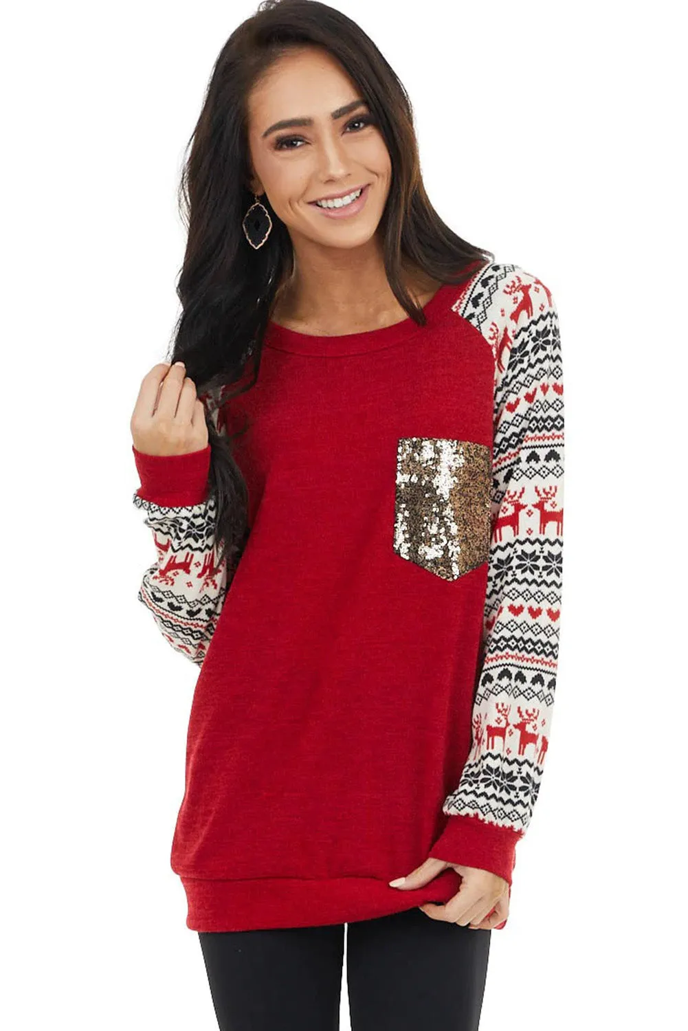 Christmas Print Sleeve Sequin Pocket RaglanTop