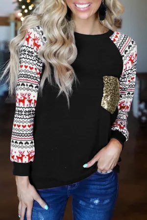 Christmas Print Sleeve Sequin Pocket RaglanTop